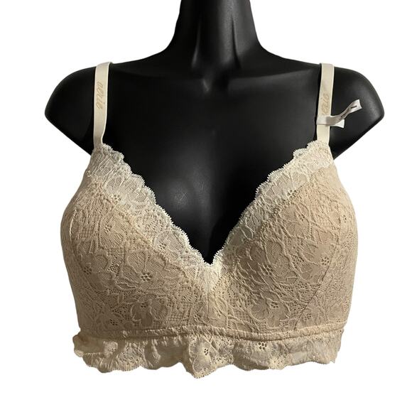 Aerie Womens Bra Size 36DD Real Happy Wireless Lightly Lined Lace Bralette Beige - Picture 1 of 10
